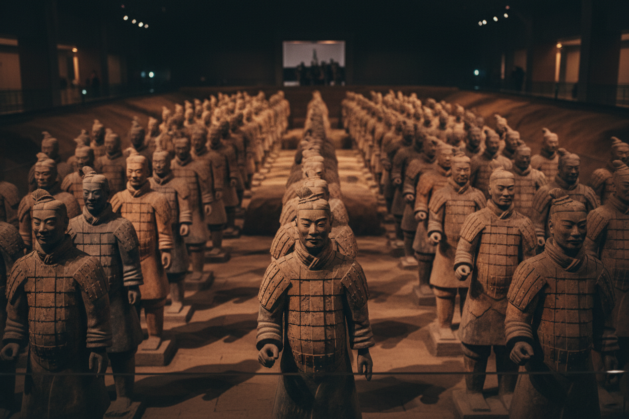 Ranks of terracotta warrior figures standing in a low-lit vaulted hall